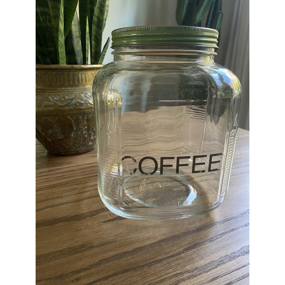Vintage Glass Coffee Jar Green Metal Lid Gallon Glass Storage Jar Farmhouse